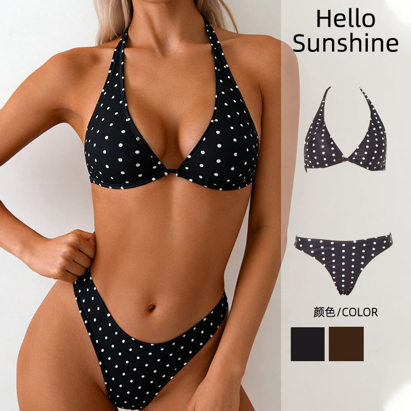 2026新款欧美圆点黑色两件套比基尼三角挂脖分体泳衣女沙滩海边