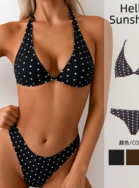 2026新款欧美圆点黑色两件套比基尼三角挂脖分体泳衣女沙滩海边