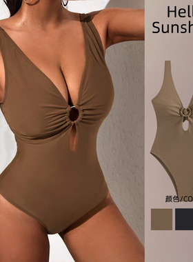 2024新款欧美性感褐色黑色连体比基尼bikini系带深V露背泳衣女