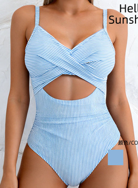 26新款欧美胸前交叉镂空条纹连体泳衣女士性感一件式显瘦比基尼