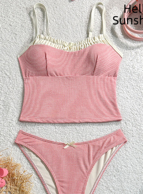 2025新款抹胸紧身性感辣妹碎花度假风蝴蝶结小花边露背女士泳衣