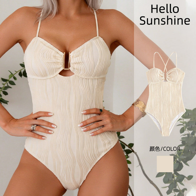 新款纯色露背保守比基尼bikiniU拖可调系带连体泳衣女度假风温泉