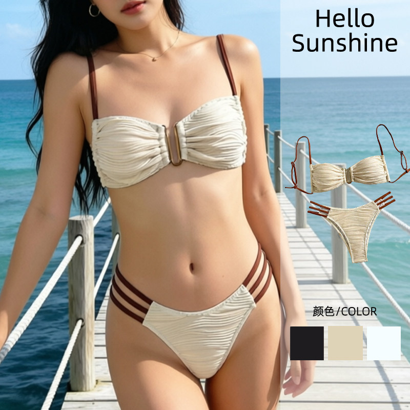 三点式性感比基尼黑色白色可调肩带泳衣女沙滩温泉度假风bikini