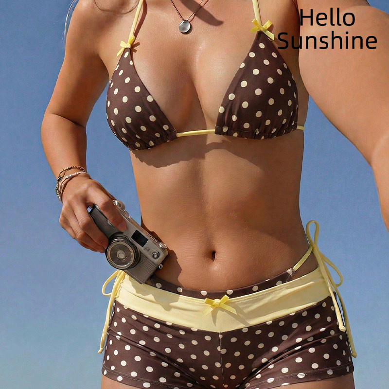 2027新款欧美圆点印花三角包平角裤三件套比基尼套装泳衣女bikini