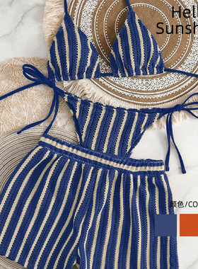 2026新款欧美平角裤网眼三件套系带挂脖比基尼套装蓝色泳衣海边