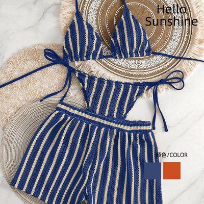 新款网眼系带挂脖比基尼蓝色泳衣
