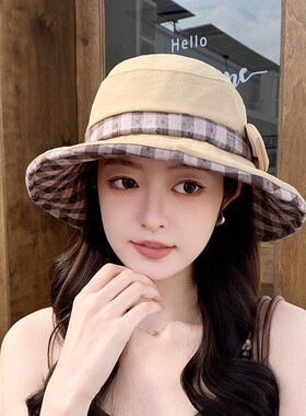 格纹蝴蝶结渔夫帽女春夏季遮阳