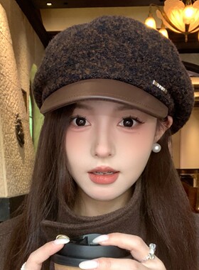 八角帽女皮檐贝雷帽显脸小报童帽