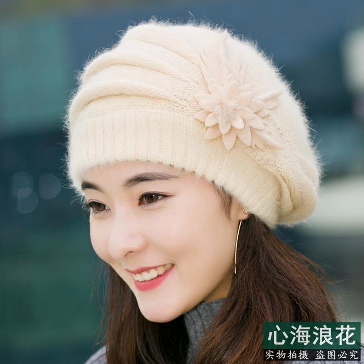韩版女时尚秋冬天针织鸭舌毛线帽子休闲百搭兔毛帽潮冬季加厚保暖