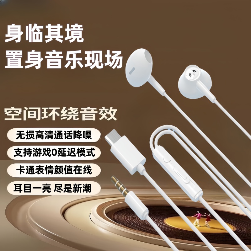 手机耳机半入耳式高音质适用vivo华为oppo圆孔type-c有线K歌带麦