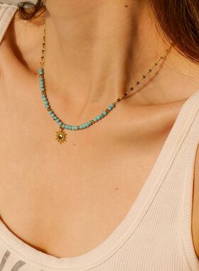 Bohemia Stainless Steel Turquoise Sun Pendant Necklace For S