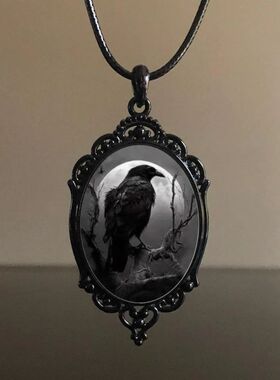 Gothic Retro Dark Oval Lacework Crow Moon Glass Pendant Neck