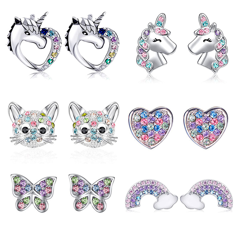 New Cute Unicorn Stud Earrings for Little Girl Kids Crystal-封面