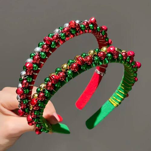 Festive Christmas Headband with Red Green Beads Golden Accen