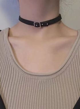 Black Leather Clavicle Chain Collar Vintage Thin PU Choker N