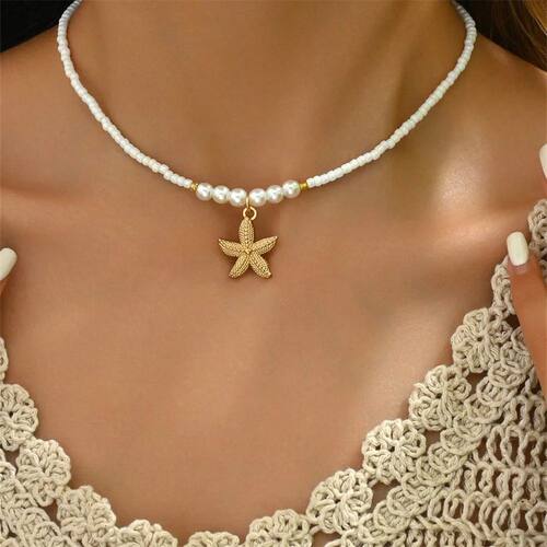 1pc Handmade Starfish Pendant Necklace With Faux Pearl Beads