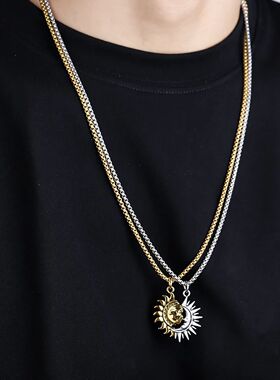 2pc/Set Sun Moon Couple Necklace Vintage Stainless Steel Asy
