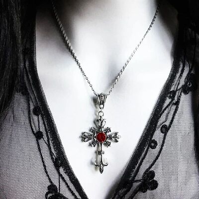 Large Baroque Christian Cross Necklace Silver Color with Cry
