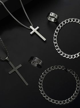 3pcs Set Men's Stainless Steel Metal Cross Pendant Chain Nec