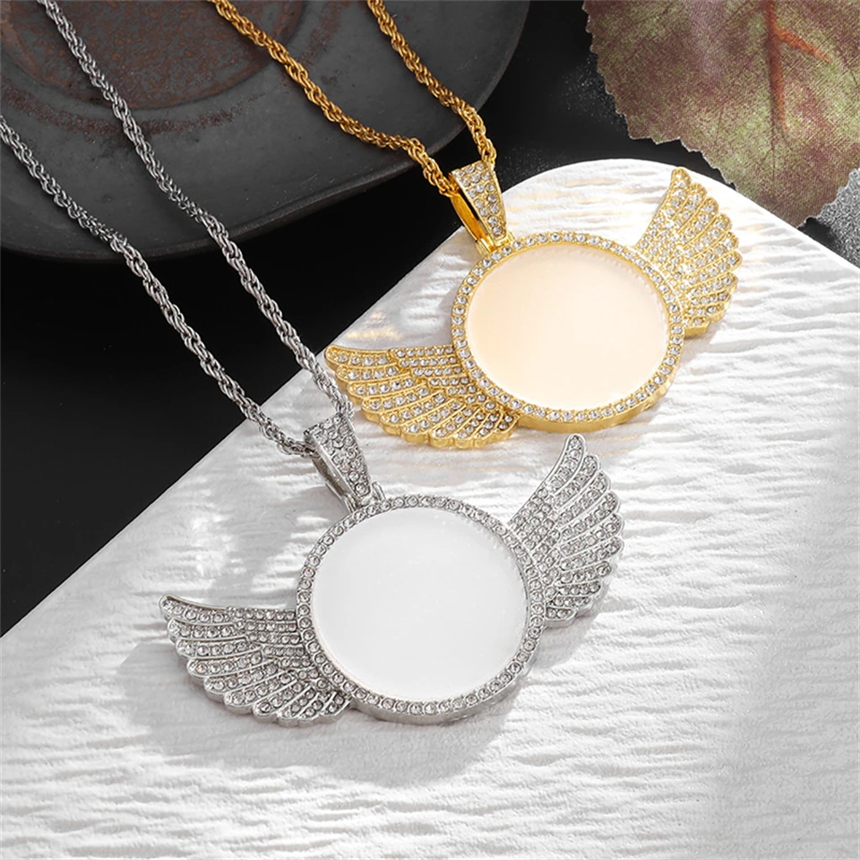 Angel Wings Mirror Photo Memorial Pendant Inlaid with Ice Cr