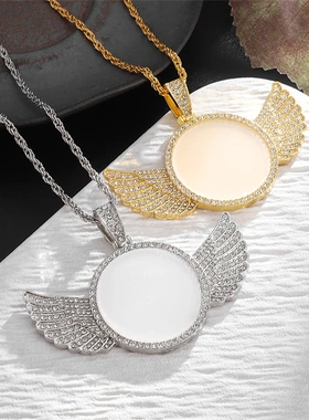 Angel Wings Mirror Photo Memorial Pendant Inlaid with Ice Cr