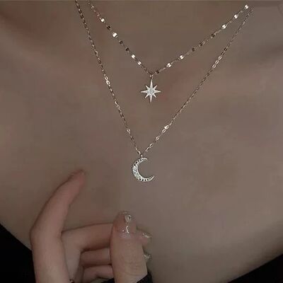 Silver Necklace for Women Double Layer Zircon Star Moon Pend