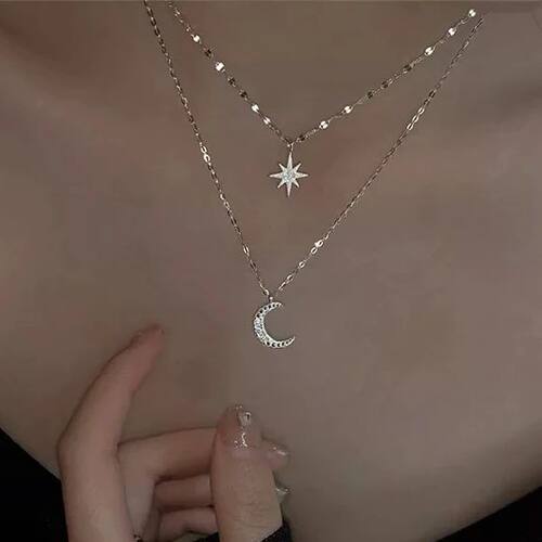 Silver Necklace for Women Double Layer Zircon Star Moon Pend