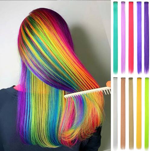 Hightlight Colorful Hair Synthetic 10Pc Straight Hair Extens