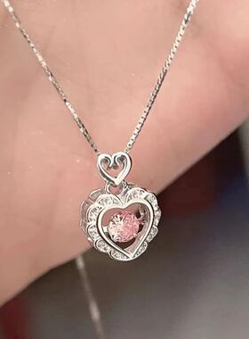 Korea Pink Crystal Pendant Heart Necklace for Women Girls Ch