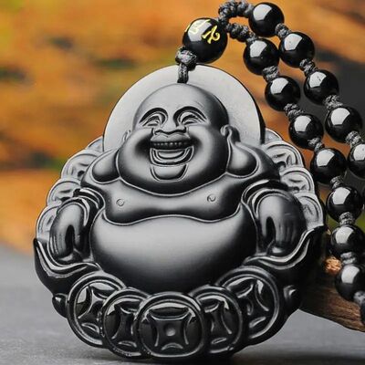 Retro Natural Obsidian Maitreya Buddha Pendant Beaded Neckla