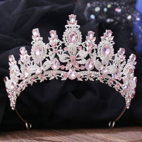 Silver Color Pink Opal Royal Queen Wedding Crown Rhinestone