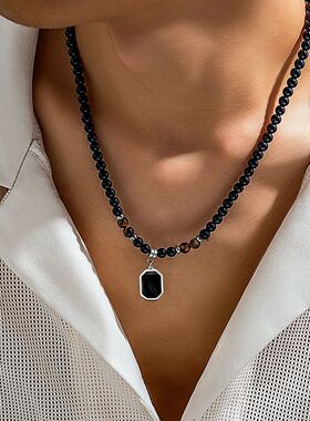Simple Black Tiger Stone Beaded Clavicle Necklace Punk Geome