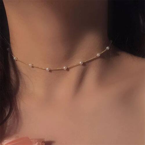 Beads Women's Neck Chain Kpop Pearl Choker Necklace Gold Col