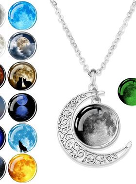 Luminous Full Moon Crescent Pendants Necklace Cat Wolf Howli