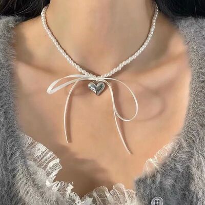 Korean Romantic Imitation Pearl Beaded Choker Heart-Shaped P
