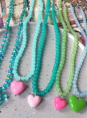 Candy Color Heart Pendant Blue Green Glass Beaded Contrast D