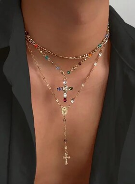Vintage Multi-Color Rhinestone Cross Necklace Set for Women