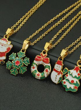Christmas Theme Necklace Gold Color Chain Santa Claus Snowfl