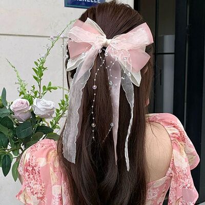 Bow Spring Clip Crystal Twisted Beads Streamer Women Girls P