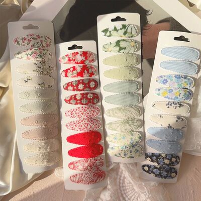 10Pcs/set Print Cotton Alloy Hair Clips for Kids Fabric Plai