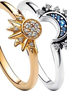 2PCS Set Gold Color Sun Blue Sparkling Moon Ring For Men Wom
