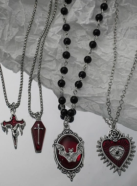 Gothic Style Red Cross Bat Heart-Shaped Eye Pendant Necklace
