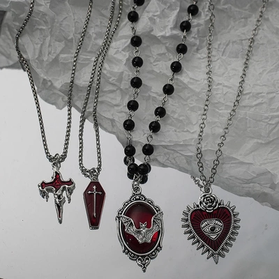 Gothic Style Red Cross Bat Heart-Shaped Eye Pendant Necklace