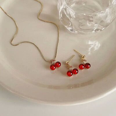 Red Cherry Pendant Necklace Stud Earrings Set Women's Fashio