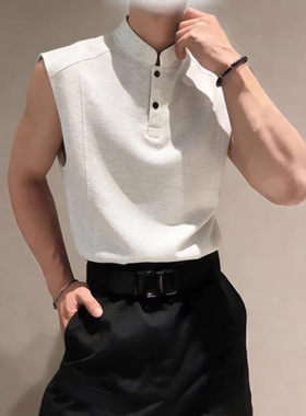 白灰色亨利领坎肩背心男夏美式立领无袖polo衫t恤boxy重磅老头衫