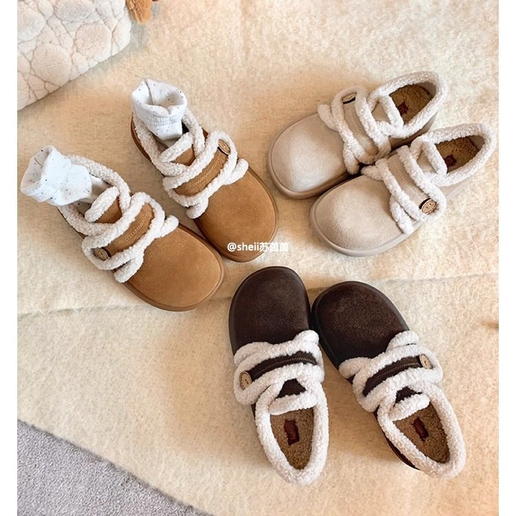 【烈儿宝贝】苏茵茵勃肯鞋~保暖魔术贴厚底毛毛乐福单鞋女棉鞋冬