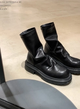 【小冰专享】苏茵茵~圆头皱褶粗跟后拉链骑士堆堆靴E4306325