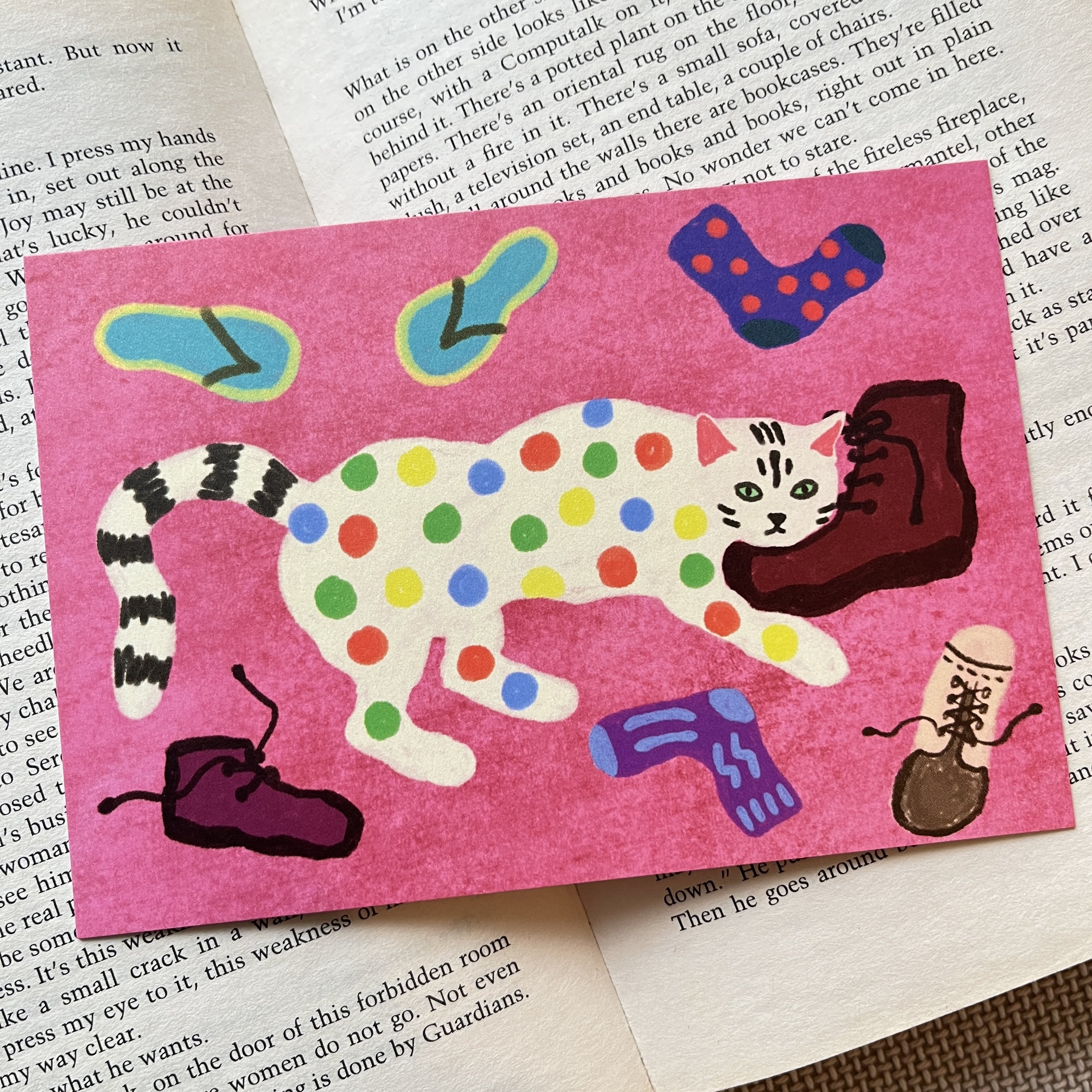 anly明信片｜枕着鞋子的猫 彩虹波点 手绘 插画 贺卡,文具电教/文化用品/商务用品,贺卡/明信片,淘宝优惠券,粉丝福利购,淘宝优惠卷