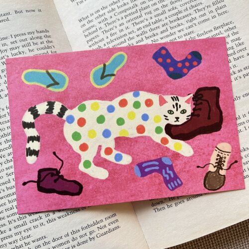 anly明信片｜枕着鞋子的猫 彩虹波点 手绘 插画 贺卡