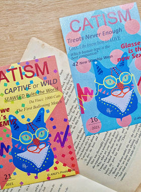 [anly原创]手绘贺卡明信片猫咪杂志CATISM蓝色橙色彩色珠光搞怪
